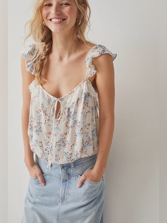 Free People Tops - Free People Intimately Ivory Blue Floral Bodysuit Ruffle Boho Cottagecore XS